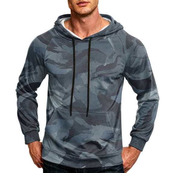 Camo Gym Hoodies for Men Midweight Graphic Athletic Sweatshirt for Men Long Sleeve Drawstring Hood with Pockets Blue 2XL