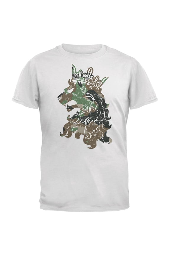 Camo Heraldic Lion White Adult T-Shirt - Large