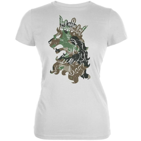 Camo Heraldic Lion White Juniors Soft T-Shirt - 2X-Large