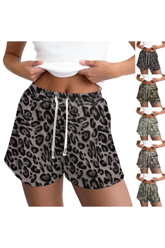 Camo High Waisted Sweat Shorts for Women Leopard Print Drawstring Elastic Waist Camo Shorts Pocketed Comfy 2026 Summer Lounge Casual Athletic Short Pants Camouflage Sportswear,Brown M
