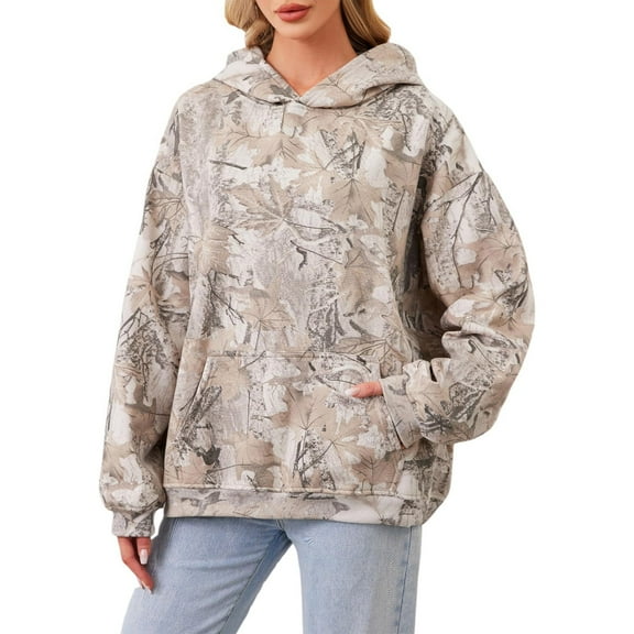 Camo Hoodie Womens Maple Leaf Trendy Long Sleeve Hooded Sweatshirts Camouflage Print Lightweight Tops with Pockets