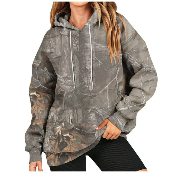 Camo Hoodie Womens Maple Leaf Print Oversized Camo Sweatshirt Fleece Pullover Sweaters with Pocket