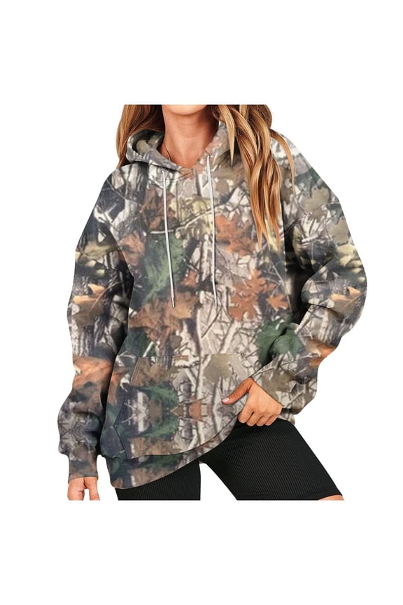 Camo Hoodie Womens Maple Leaf Print Oversized Camo Sweatshirt Fleece Pullover Sweaters with Pocket