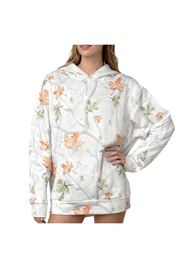 Camo Hoodie Womens Maple Leaf Printed Fleece Oversized Hooded Sweatshir Casual Long Sleeve Pullover Top with Pocket