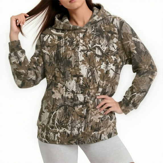 Camo Hoodie for Women Maple Leaf Print Long Sleeved Pullover Sweatshirts with Pocket Fleece Fall Winter Trendy Casual Tops