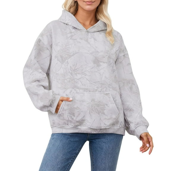 Camo Hoodie for Women Maple Leaf Print Long Sleeved Pullover Sweatshirts with Pocket Fall Winter Trendy Casual Tops