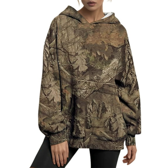Camo Hoodie for Womens Maple Leaf Print Long Sleeve Sweatshirts Oversized Camouflage Lightweight Fall Casual Pullover