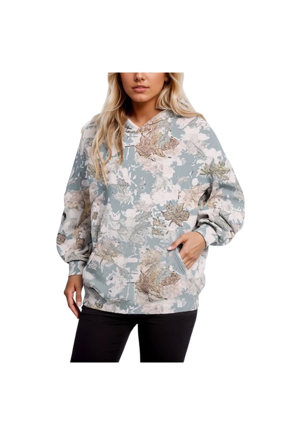 Camo Hoodie for Womens Maple Leaf Print Long Sleeve Sweatshirts Oversized Camouflage Lightweight Fall Casual Pullover