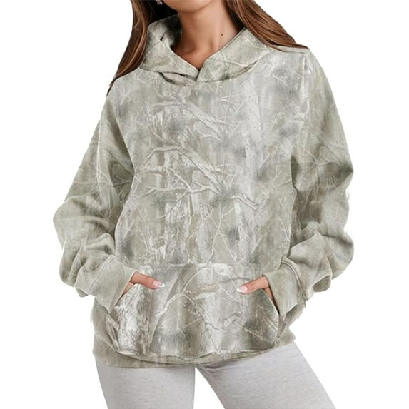 Camo Hoodies Womens Maple Leaf Printed Long Sleeve Pullover Sweatshirts Oversized Camouflage Casual Trendy Tops Z001-White XL