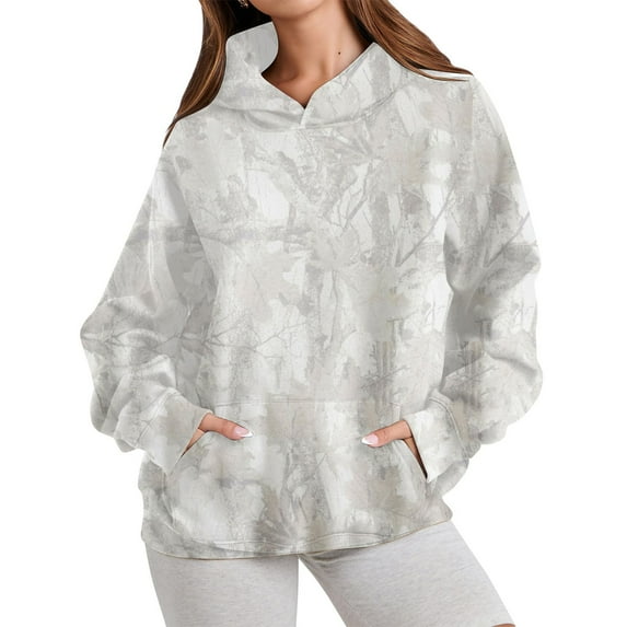 Camo Hoodies Womens Maple Leaf Printed Long Sleeve Pullover Sweatshirts Oversized Camouflage Casual Trendy Tops Z002-White XL