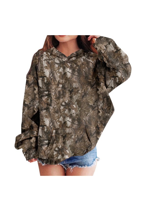 Camo Hoodies for Kids Boys Girls Cute Sweatshirt Maple Leaf Print Oversized Fleece Sweatshirts Classic Pullover with Pocket 01-Brown 150