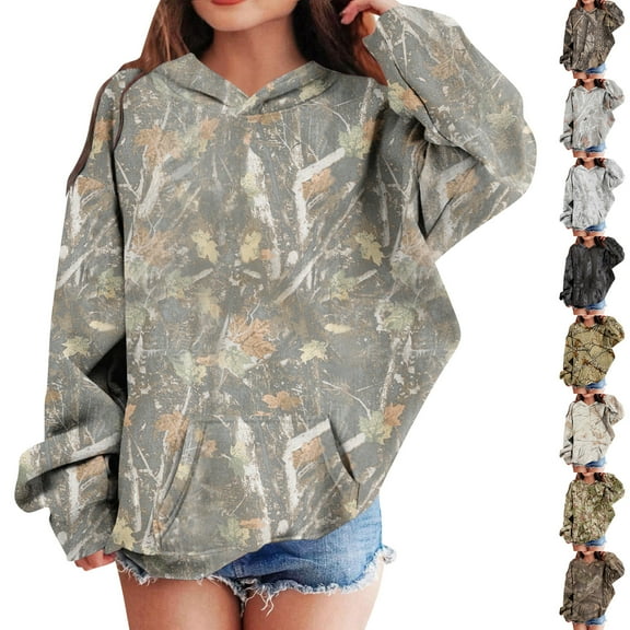Camo Hoodies for Kids Boys Girls Cute Sweatshirt Maple Leaf Print Oversized Fleece Sweatshirts Classic Pullover with Pocket 11-Camel 150