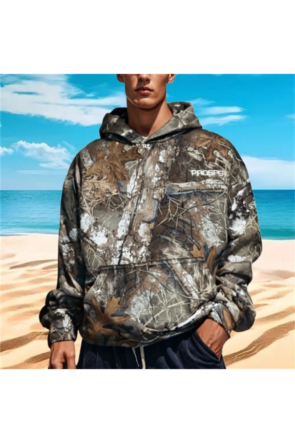 Camo Hoodies for Men Oversized Sweatshirt Hooded Long Sleeve Casual Tops Pullover Sweater with Pocket Khaki XL