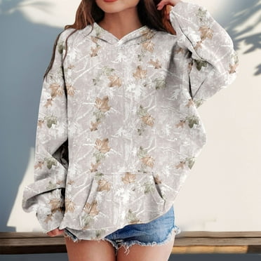 Camo Hoodies for Teen Girls Cute Sweatshirt Maple Leaf Print Oversized Fleece Sweatshirts Pullover Tops with Pocket 2-3 Years Beige