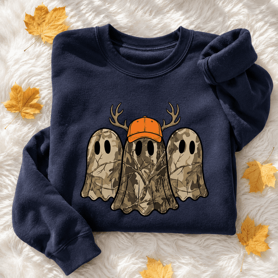 Camo Hunting Ghosts Halloween Graphic Crewneck Sweatshirt for Hunters and Outdoor Lovers