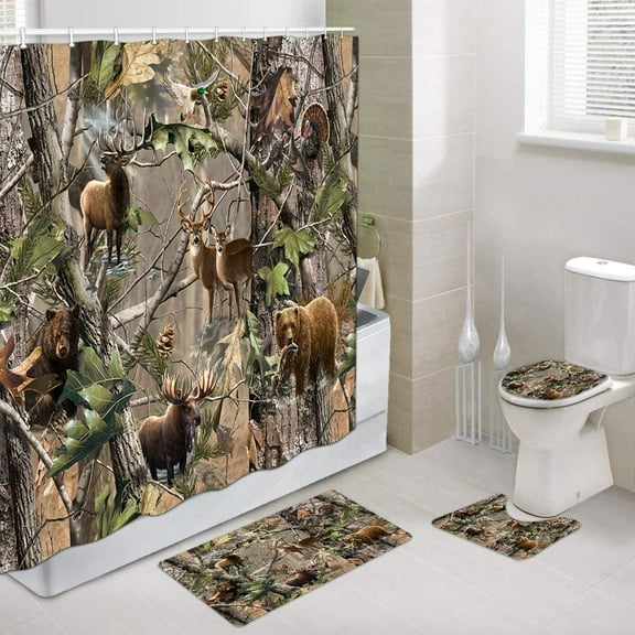 Camo Hunting Shower Curtain and Bath Mat Set 69x70 Inch, Wildlife Animal Hunting Deer Bear Elk Turkey Real Tree, Bathroom Mat Set with Contour Toilet Mat, Mat and Toilet Lid Cover