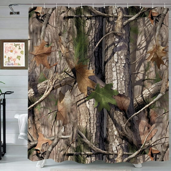 Camo Hunting Shower Curtain Set for Bathroom, Rustic Camouflage Camping Decor Fabric Shower Curtains Sets Fashion Fall Woodland Cabin Mens Bath Accessories with Hooks 72 X 72 inch