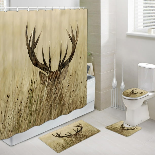 Camo Hunting Theme Shower Curtain and Bath Rug Set, Whitetail Deer Fawn in Wilderness, Bathroom Mat Set with Bath Rug Mat, Contour Mat and Toilet Lid Cover