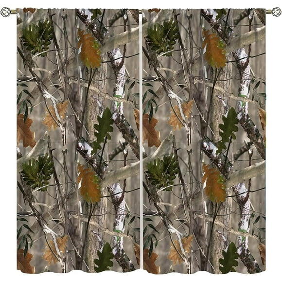 Camo Hunting Windows Curtains, Forest Camouflage Oak Branches Leaves Mossy Hunting Lodge Camp Cabin Theme Windows Door Curtain for Bedroom 42x54in Blackout