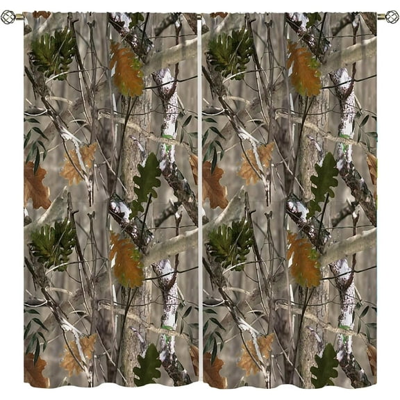 Camo Hunting Windows Curtains, Forest Camouflage Oak Branches Leaves Mossy Hunting Lodge Camp Cabin Theme Windows Door Curtain for Bedroom 42x54in Blackout