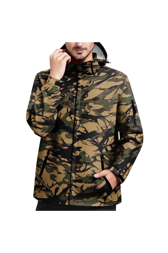 Camo Jacket Hunting Clothes for Men Soft Outdoor Hiking Jacket Camo Fleece Hooded Coat with Pockets Hunting Coat for Outdoor Work, Daily Commuting and Casual Wear, Brown, L