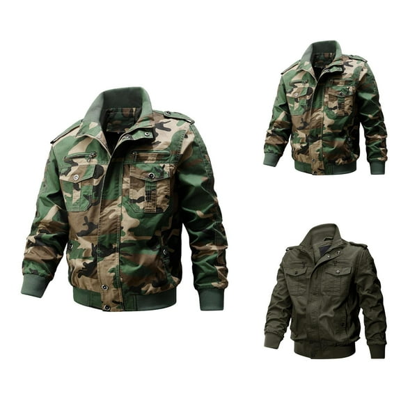 Camo Jackets for Men 2025 Long Sleeve Stand Collar Zip Up Tactical Jacket with Pockets Outerwear Coat