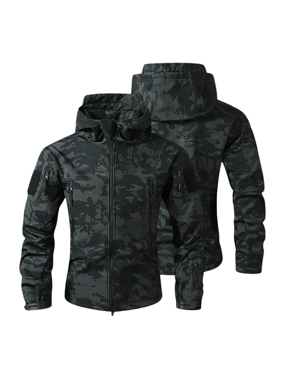 Camo Jackets for Men Zip Up Windproof Military Combat Oversized Outerwear Outdoor Multi Pockets Thick Warm Winter Camouflage Coat Size-S