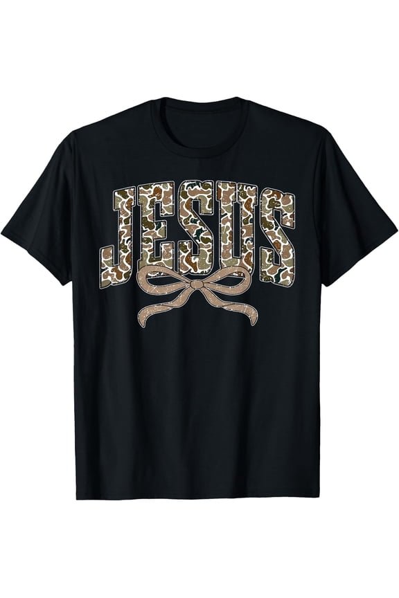 Camo Jesus Coquette Bow Christian T Shirt Size S-5XL