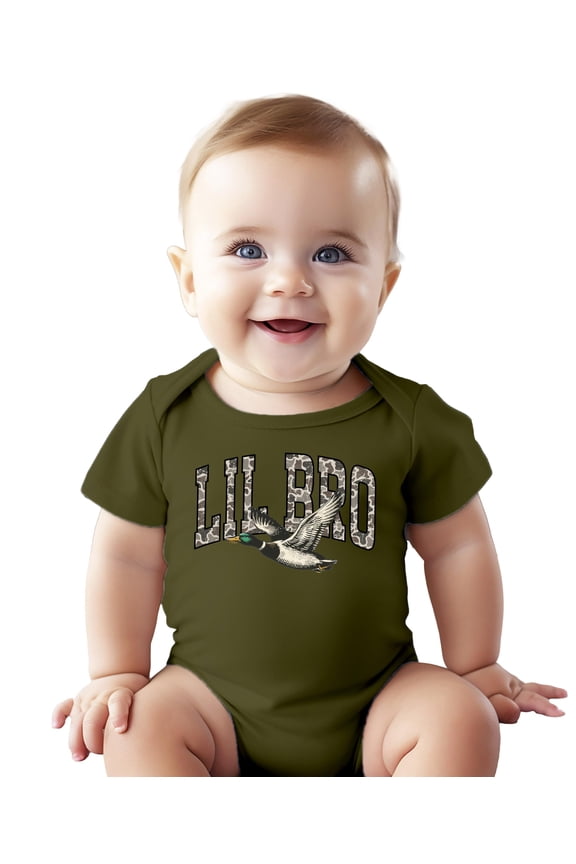 Camo Lil Bro Baby Bodysuit Duck Hunting Boys Snap One-Piece Military Green Bodysuit 12 Months