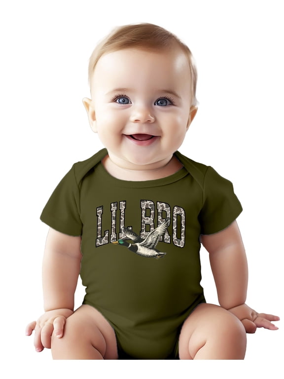 Camo Lil Bro Baby Bodysuit Duck Hunting Boys Snap One-Piece Military Green Bodysuit 18 Months