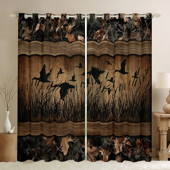 Camo Mallard Duck 30%-50% Blackout Curtains Men Rustic Farmhouse Cabin Curtains 52"Wx84"L,Hunting Woodland Duck Window Curtains Country Wood Board Animal Curtains 2 Panels