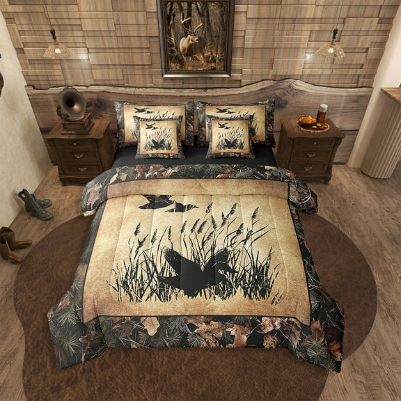 Camo Mallard Duck Bedding Set 7 Piece Rustic Cabin King Comforter Set With Sheets Adults Men,Woodland Camouflage Hunting Duck Bed In A Bag Country Farmhouse Retro Bed Set