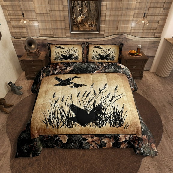 Camo Mallard Duck Bedding Set Rustic Cabin Comforter Set Queen Adults Men,Woodland Camouflage Hunting Duck Quilt Comforter Country Farmhouse Retro Bed Set Room Decor 3 Pcs