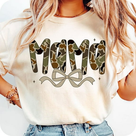 Camo Mama T-Shirt, Preppy Duck Camouflage Tee, Coquette Bow Camouflage Mom Shirt, Cute Outdoor Mama Graphic Tee