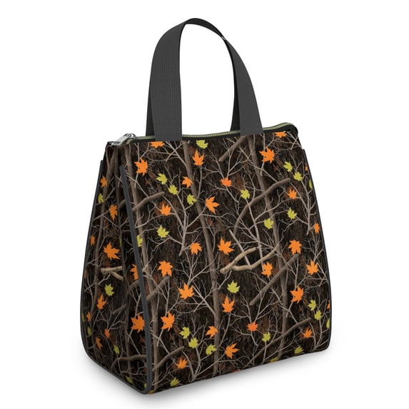 Camo and Maple Brown Pattern Insulated Lunch Bag for Women Men, Large Portable Soft Cooler Tote, Thermal Food Storage Bag with Pearl Cotton, 8.66L, 8.75"x5.75"x9.5"