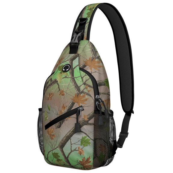 Camo and Maple Green Pattern Sling Backpack, Unisex Hiking Chest Pack with Side Mesh Pockets, Earphone Hole Port Gift Ideas for Holiday Birthday Gifts