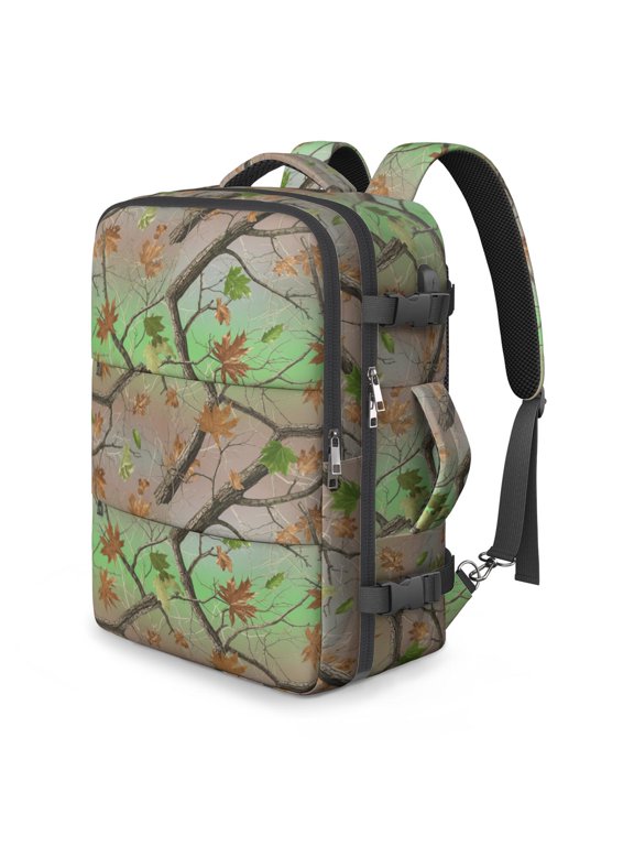 Camo and Maple Green Pattern Travel Laptop Backpack, Convertible Carry on Duffel with Multi Compartments & USB Port, Anti Theft Pocket Gifts for Travel Business School