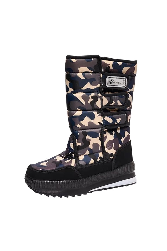 Camo Mid Calf Winter Snow Boots for Women Men Platform Thickened Fuzzy Lined Hook and Loop Long Booties Gray Size 11