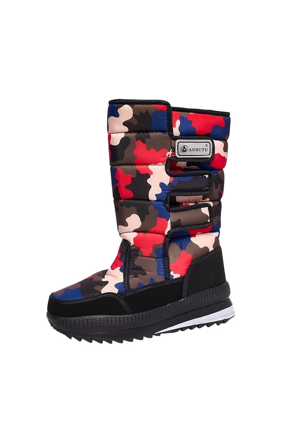 Camo Mid Calf Winter Snow Boots for Women Men Platform Thickened Fuzzy Lined Hook and Loop Long Booties Red Size 11