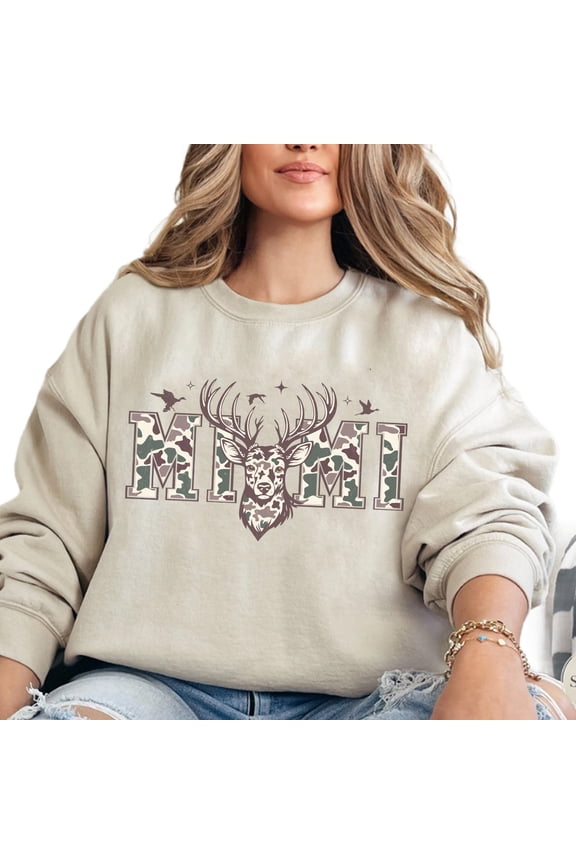 Camo Mimi Sweatshirt  Deer Hunting Camouflage Pullover, Western Old School Camo Sweater, Cozy Season Country Distressed Style, Perfect Gift for Mom