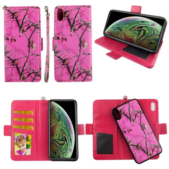 Camo Mozy Case for iPhone X / XS / X10 Magnetic Detachable Pu Leather Wallet Cover with Flap Closure and Snap-on Book Style Cases with Card Holders Wrist Strap 2 in 1 Folio Flip Covers