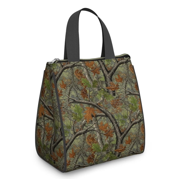 Camo and Oak Green Pattern Insulated Lunch Bag for Women Men, Large Portable Soft Cooler Tote, Thermal Food Storage Bag with Pearl Cotton, 8.66L, 8.75"x5.75"x9.5"