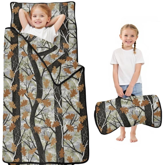 Camo and Oak Grey Pattern Kids Nap Mat, Sleeping Mat with Removable Pillow with Handle & Fastening Straps, Soft Skin Friendly Gifts for Daycare Preschool,50"x20"