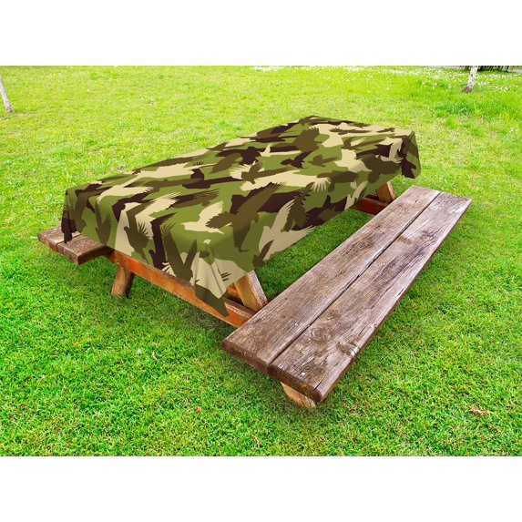 Camo Outdoor Tablecloth, Eagle Silhouettes Flying Open Wings Falcon Hawk Armed Forces Theme, Decorative Washable Fabric Picnic Table Cloth, 58 X 84 Inches,Army Green Dark Brown Cream, by Ambesonne
