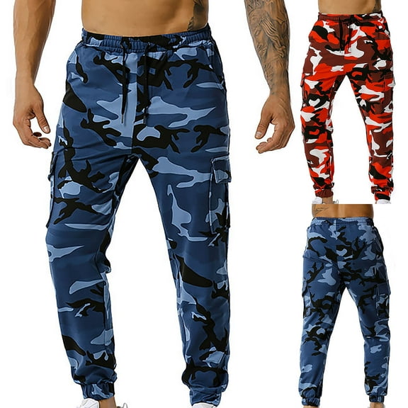Camo Pants Men Elastic Waist Drawstring Joggers Lightweight Comfortable Stretch Outdoor Gym Casual Mens Cargo Pants Blue L