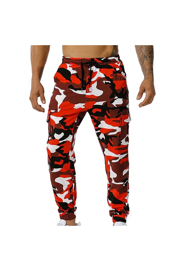 Camo Pants Men Joggers Combat Military Camouflage Cargo Pants with Multi Pockets Slim Fit Elastic Waist Drawstring BDU Pants Men Red XXXL