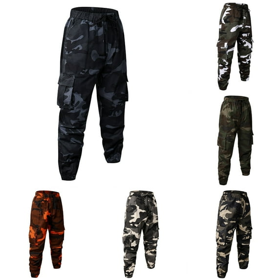 Camo Pants Men Joggers Slim Fit Combat Military Camouflage Cargo Pants with Multi Pockets Elastic Waist Drawstring BDU Pants Men Black XXL