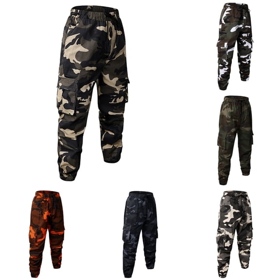 Camo Pants Men Joggers Slim Fit Combat Military Camouflage Cargo Pants with Multi Pockets Elastic Waist Drawstring BDU Pants Men Coffee XS