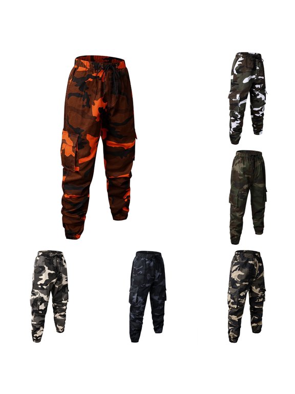 Camo Pants Men Joggers Slim Fit Combat Military Cargo Pants with Multi Pockets Elastic Waist Drawstring BDU Pants Men Orange XL