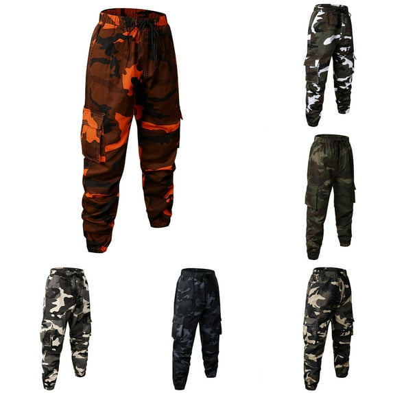 Camo Pants Men Joggers Slim Fit Combat Military Camouflage Cargo Pants with Multi Pockets Elastic Waist Drawstring BDU Pants Men Orange XXL